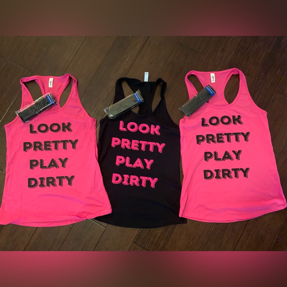 Look Pretty Play Dirty Racerback Tank Tops Sizes XS-XL